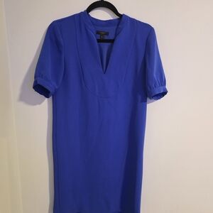 J Crew Size 00 Crepe Shift Dress Blue Short Sleeve Split Neck Above Knee
